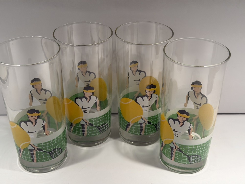 Libbey 4 Cooler Tumbler Glasses – 15 OZ MCM Tennis Theme Retro Vtg – Rare find