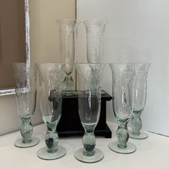 Vintage Green Glass Embossed Leaf & Vine Champagne Flute 8.5” Stemware