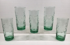 (5) Libbey Iris Spanish Green Tumblers Set Flower Embossed Textured Glasses Lot