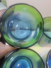 6 Blown Glass Tumblers Green And Cobalt Blue 3.5″ Each