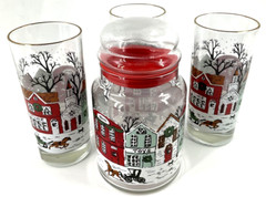 Vintage Libbey Christmas Winter Village Coolers Tumblers Glasses 3 W/Candy Jar