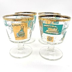 4 Libbey MCM Barware cocktail Glasses, Turquoise And Gold Pedestal, 1 Jigger