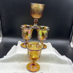 4 VTG Indiana Glass Iridescent Marigold Carnival Glass Harvest Grape Goblets Set