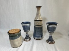 Vintage Stoneware Wine Decanter Goblets Canister Set, Hand Thrown Pottery