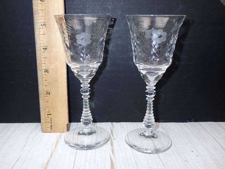 2pc Libbey ROCK SHARPE MARSHFIELD WINE SHERRY GLASS 2006 Stem 5.25″ Floral Cut