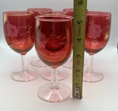 6 Czech Bohemian 5.5″ Wine Glasses Cranberry Stemmed Glassware Etched With Roses