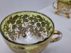 6 ANTIQUE MOSER GLASS 3 FOOTED HANDLED PUNCH CUPS WITH GILT FLORAL AND BERRIES
