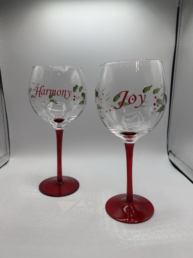 Christmas Winterberry Sentiments Wine Goblets Etched & Hand Painted Pfaltzgraff