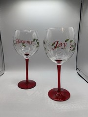 Christmas Winterberry Sentiments Wine Goblets Etched & Hand Painted Pfaltzgraff