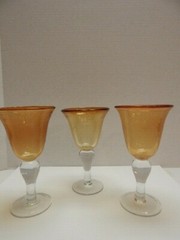 Glass, 3 Hand blown Goblets, Amber w clear stem,4.5W x 8.25H