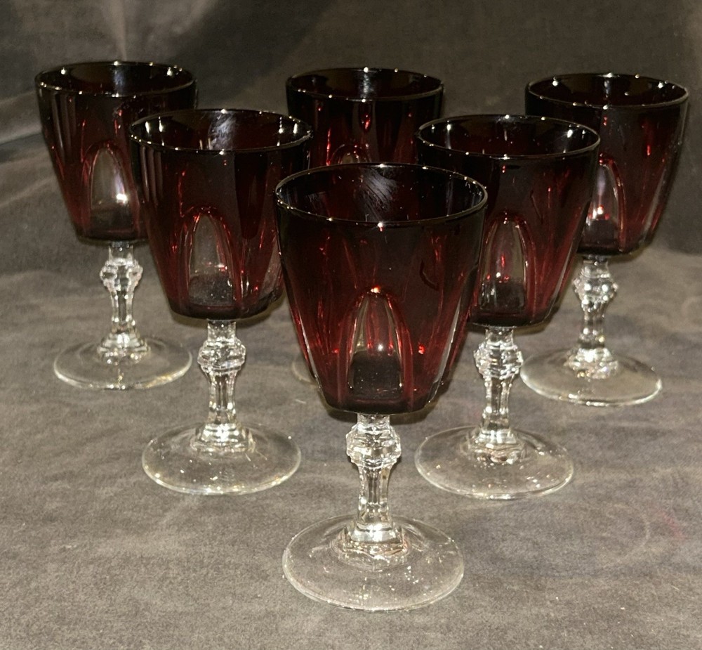 Cristal d’Arques Durand GOTHIC ARCH Ruby Red SET 6 Cordial Whiskey Glasses 3.25”