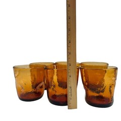 Vintage Pilgrim 6 Amber Crackle Glass Dimpled Old Fashioned Drinkware 3.5″