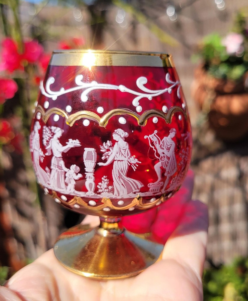 Tre Fuochi Ruby Red Brandy Snifters 24K Gold, Neoclassical Figures,4, 1960s