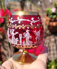Tre Fuochi Ruby Red Brandy Snifters 24K Gold, Neoclassical Figures,4, 1960s