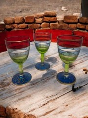 Pier 1 Cordial Liquer Glasses 4″ Handpainted 2oz Blue Green Red Gold Accent READ