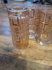 Four (4) Vintage Lotus Gold Trimmed Glasses Various Plant Patterns