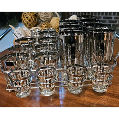 Dorothy Thorpe Style Platinum Silver Stripe Bar Glass Set With CADDY MCM WOW!