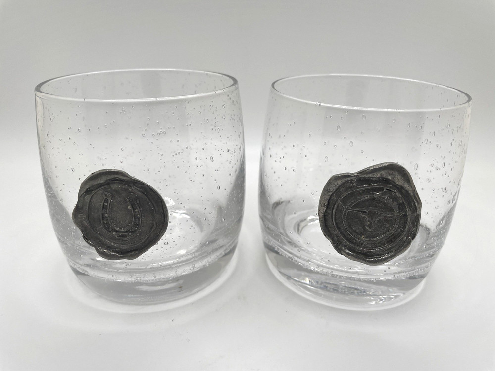 Pair Double Old Fashion Bar Barware Glasses Pewter Emblem Longhorn & Horseshoe