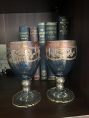 Vintage Murano Gold And Blue Irisdicent Glass Goblets Set Of 2