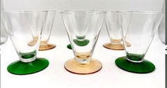 6 VTG Pedestal Conical Bar Glasses w’ Weighted Green & Amber Bases, 3” Tall MCM