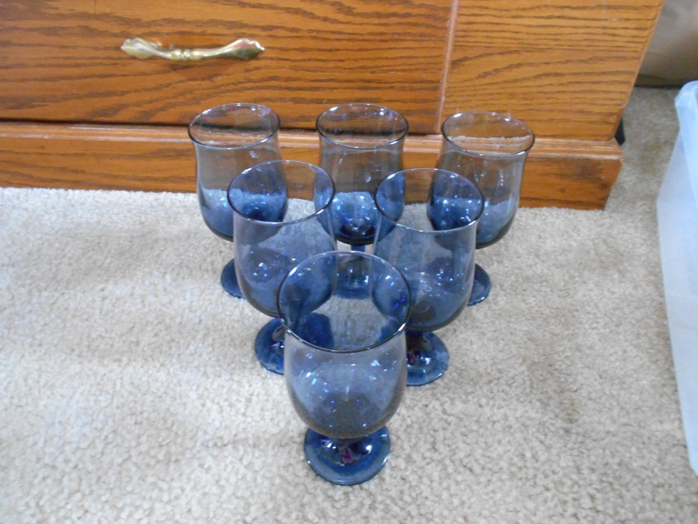 Set of 6 Vtg Libbey Connoisseur Dusky Blue Tulip Wine Glass / Water Goblet 6.5″