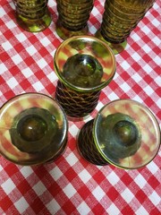 Indiana Glass Whitehall Avocado Green Cubist 6″ Footed Tumbler LOT 6 VTG MCM