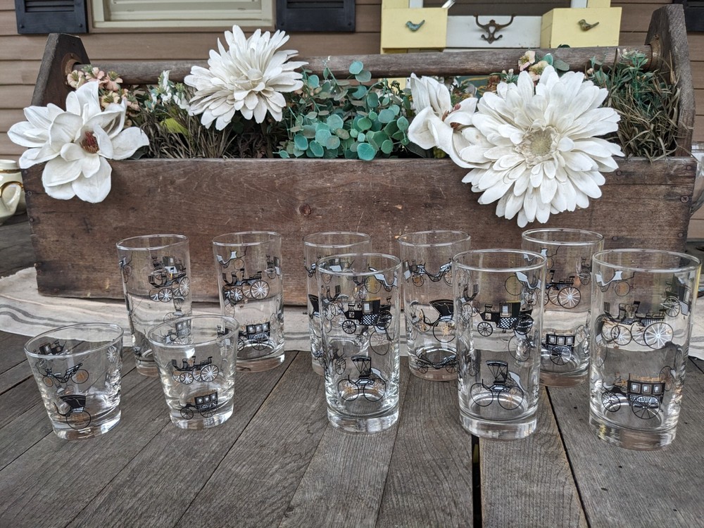 Vintage Libbey Black/Gold Stagecoach Highball Tumblers (8) & Whiskey Glasses (2)
