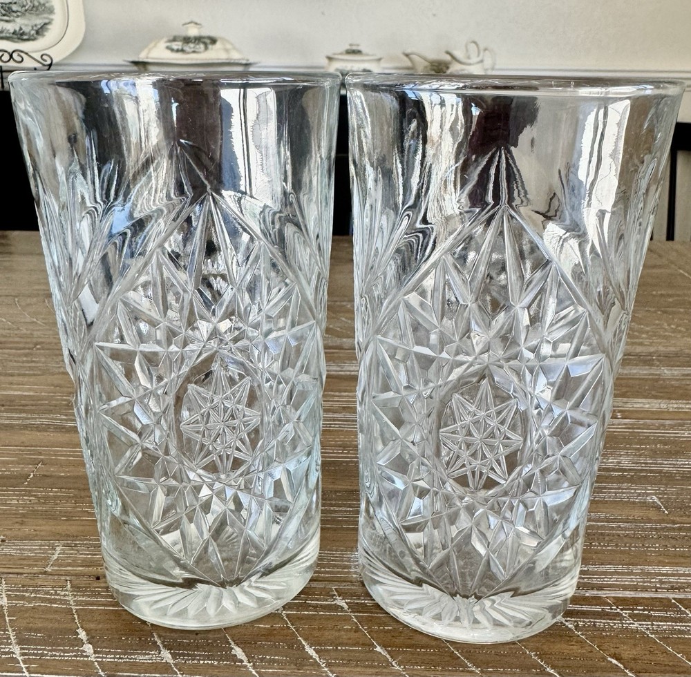 VTG Set of 2 Libbey Hobstar Tumblers Highball Heavy 16 oz. 6″ Tall