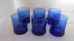 6 PCS A HOCKING COBALT BLUE 10-SIDED WEIGHTED BASE 3″D X 3 3/4H GLASSES TUMBLERS