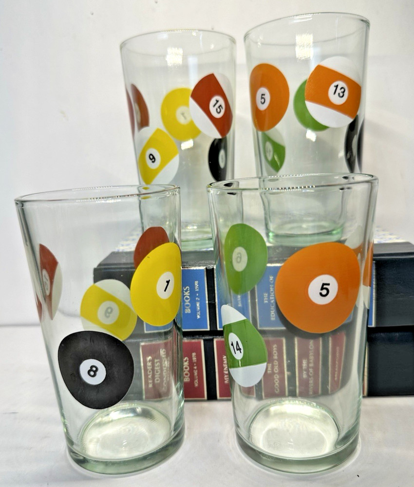 4 MCM Billiard Ball Highball-Pint Bar Glass Set-Pool Parlor 5 1/2” 16 oz
