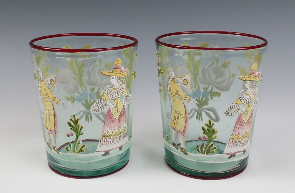 Pair Blown Enameled Glass Tumbler Cup Figures Fruit Rose German Venetian Antique