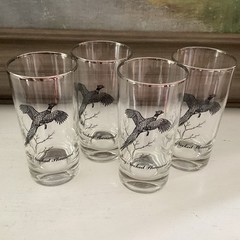 4 Federal Glass Tumblers Sportsman Ring Neck Pheasant platinum Rim MCM Barware