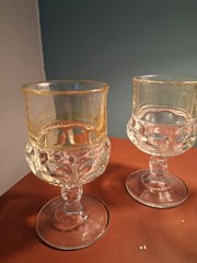 Indiana Glass Kings Crown Thumbprint Amber Flashed Rim Goblets 5 3/4”- Set of 4