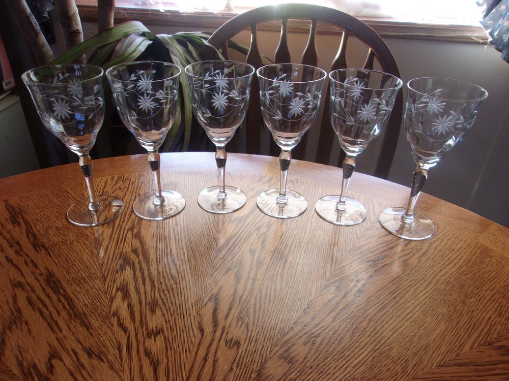 Wine Etched Blown Paneled Floral 9 Oz Smooth Stem – Set of 6 Glasses