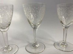 3 Vintage ARCADIA Crystal Glass Brandy / Liquor Stemware ETCHED FLORAL Czech