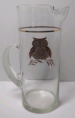 VTG MCM West Virginia Gold Foil Owl On Branch Cocktail Pitcher W/Glasses