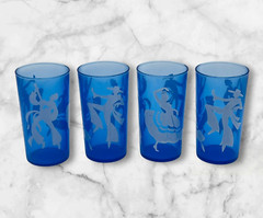 Hazel Atlas VTG MCM Set-4 Cobalt Tumblers Glasses Spanish Flamenco Dancers Blue