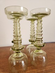Set Of 4 Olive Green Glass Wine Goblets Or Roemers Etched Fritz Heckert?