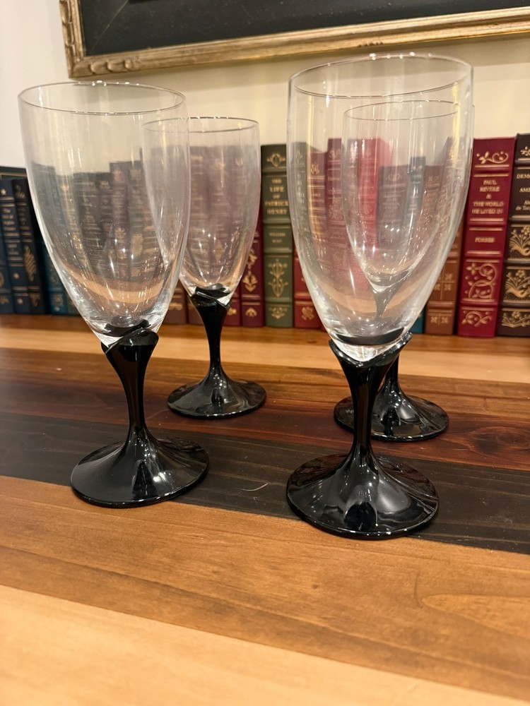 Mikasa Alexandra Black Tulip Stem Iced Tea Goblets Set of 4 Vintage Glasses