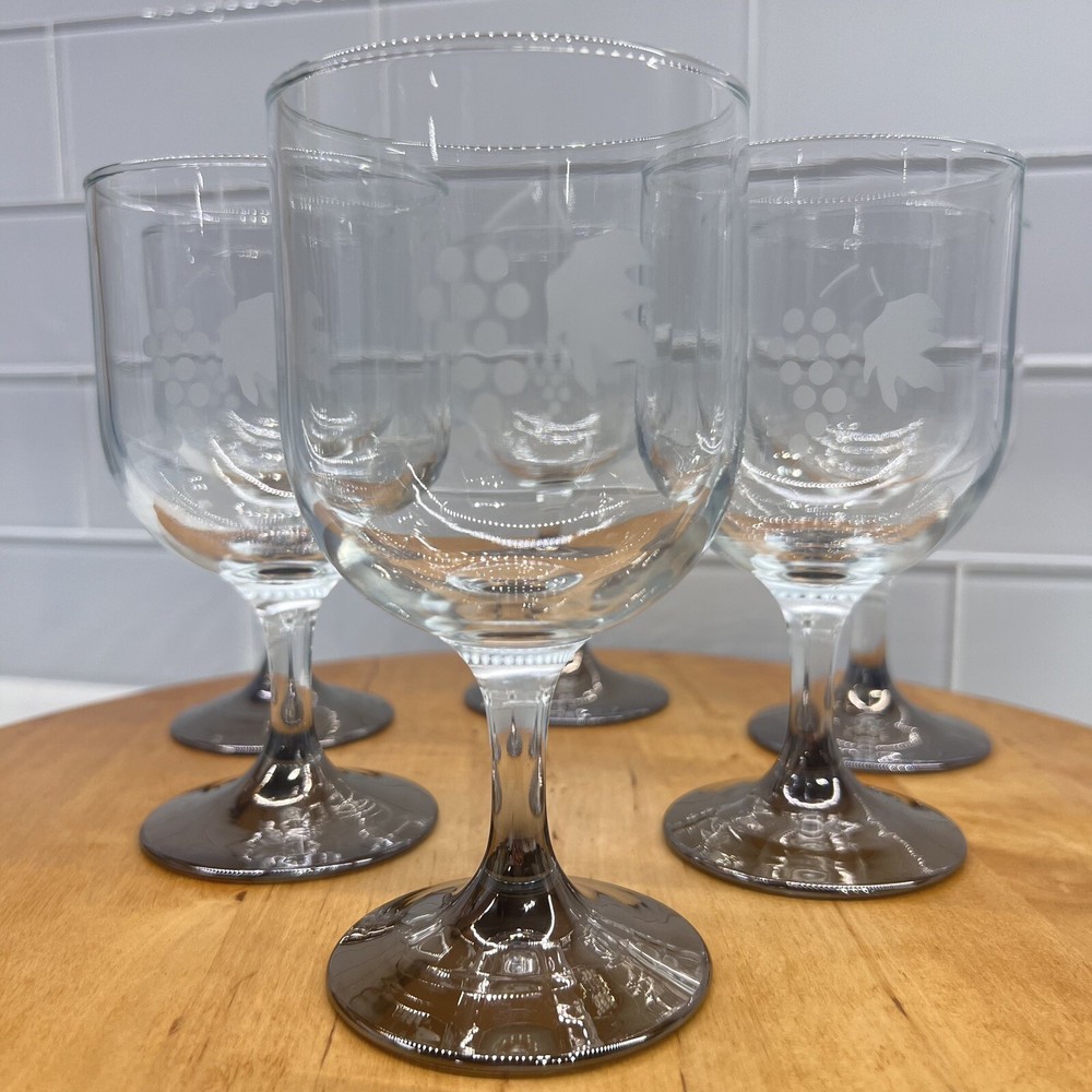 Vintage MCM Etched Grape and Leaf Reverse Silver Faded Stem Cordial Glasses