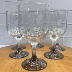 Vintage MCM Etched Grape and Leaf Reverse Silver Faded Stem Cordial Glasses