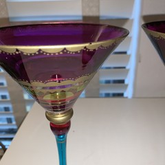 Pier 1 Festive Hand Painted Jewel Tones 2 Martini Glasses Magenta, Teal, Gold
