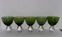 5 Emerald Green Pedestal Controlled Bubble Art Glasses Cordials Goblets 4.25”