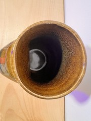 Art Pottery Wide Handled Mug Ribbed Design Blue, Brown, White