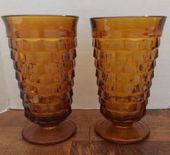 Set Of 2 Amber Whitehall Colony Cubist Drinking Glass Tumblers 6″ Indiana Glass