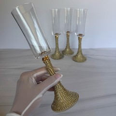 Set Of 4 Handmade Gold Rhinestone Champagne Flutes Glam Toasting Glasses 10”
