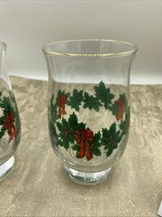 2 Vintage Libbey Christmas Tumbler Glasses Holiday Holly And Berry With Gold Rim