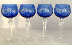 BOHEMIAN CZECH COBALT CUT TO CLEAR CRYSTAL 8.25″ WINE GLASS – SET OF 4