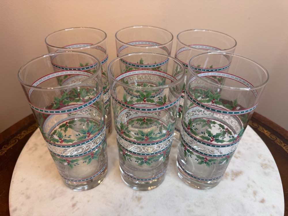 6 CHRISTMAS Holly Highball Glasses LIBBEY Scrolls 15oz Festive Tumblers