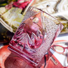 Gold Ruby Crystal Glass Hand Engraved Pink Colored Glass Luxury Whiskey Glasses